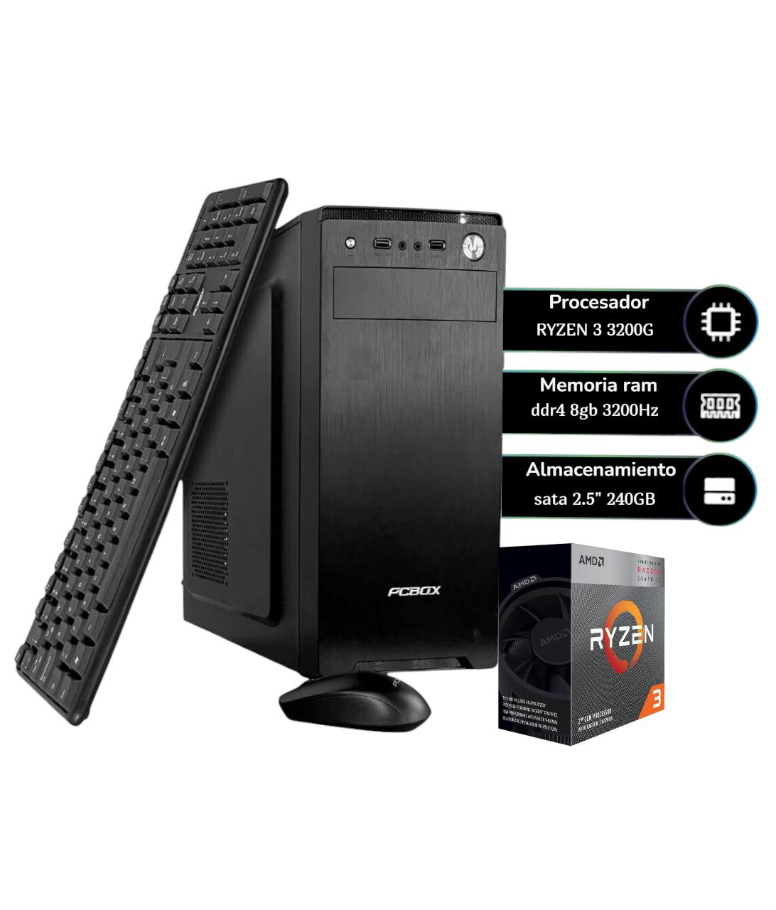 PC PCBOX AMD RYZEN 3 3200G 8GB SSD 240 GB W11HSL KIT TECLADO MOUSE