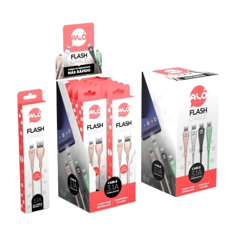 CABLE ALO FLASH USB A LIGHTNING X12 UNIDADES LA CAJA COLORES VARIOS (6330)