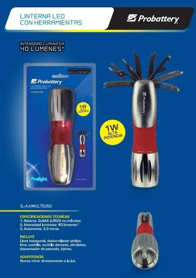 LINTERNA LED HERRAMIENTA INCLUYE LLAVE HEXAGONAL LIMA CUCHILLO ABRE LATA - NO INCLUYE 3 AAA